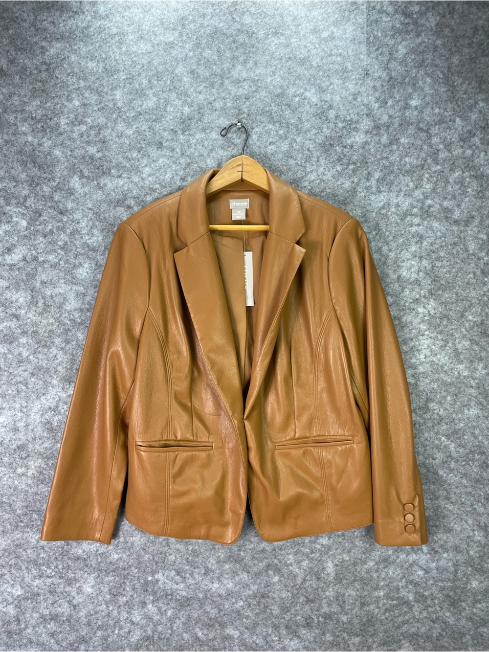 Chico's Jacket Womens 2P Brown Faux Leather Modern Blazer Lined Collared
